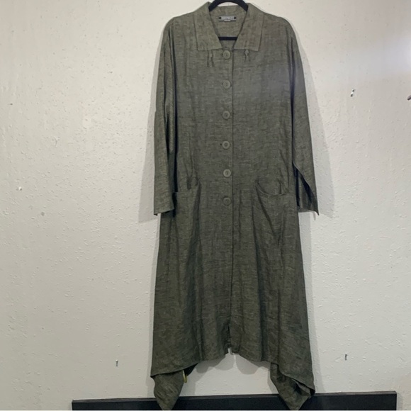 Transparente Black Label Black/Green 100% Linen Lagenlook A-Line Button Duster - Picture 1 of 15